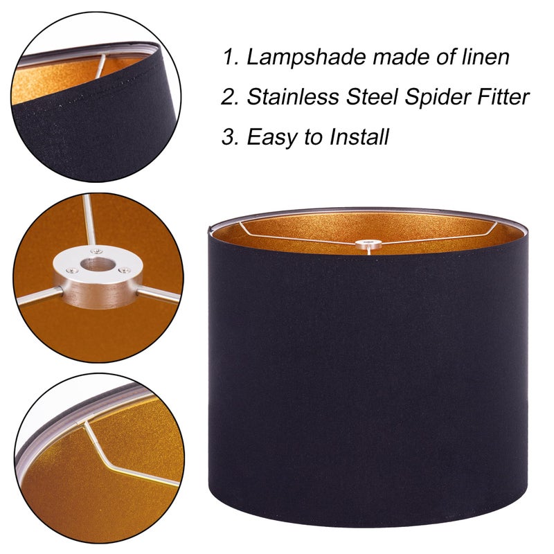 Wellmet 16"x16"x12" Assembly Required Lampshade for Table Lamp, Bedside Lamp, Floor Lamp, Fabric Drum Lampshade Classic Modern Style, Spider Fitter, Black Gold - Image 3